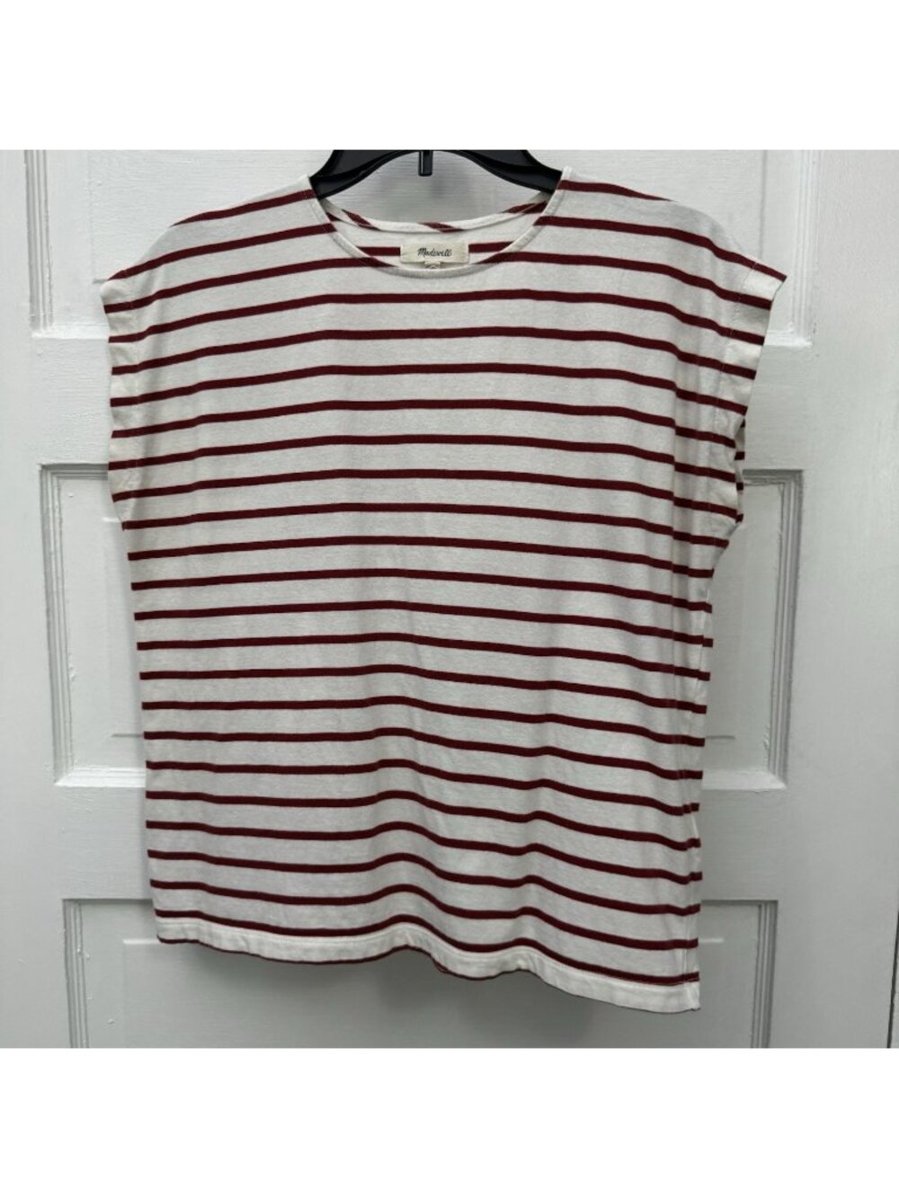Madewell Women’s S Ivory Burgundy Stripe 100% Cotton Boxy Crewneck Tee
